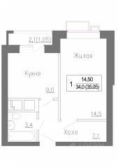 МЖК «Новое Замитино», планировка 1-комнатной квартиры, 35.40 м²