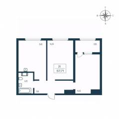 ЖК «Расцветай в Янино», планировка 2-комнатной квартиры, 57.00 м²