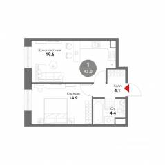 МФК «Voxhall», планировка 1-комнатной квартиры, 43.20 м²