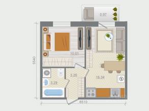ЖК «Эко-квартал Гармония», планировка 1-комнатной квартиры, 33.87 м²