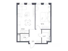 ЖК «Квартал на воде», планировка 1-комнатной квартиры, 52.97 м²