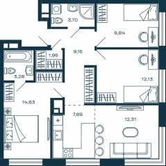 ЖК «М_5», планировка 3-комнатной квартиры, 74.69 м²