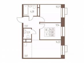 ЖК «Западная Ивантеевка», планировка 3-комнатной квартиры, 51.80 м²