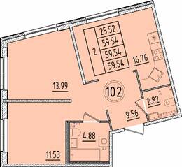 МЖК «Образцовый квартал 17», планировка 2-комнатной квартиры, 59.54 м²