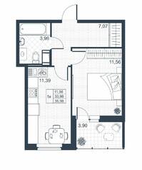 ЖК «Ново-Антропшино», планировка 1-комнатной квартиры, 33.70 м²