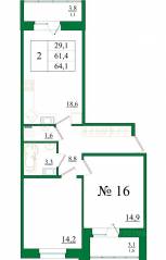 ЖК «Орловский бульвар», планировка 2-комнатной квартиры, 64.10 м²