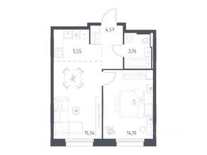 ЖК «Заречье Парк», планировка 1-комнатной квартиры, 43.32 м²