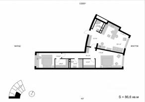 ЖК «Мытищи-Сити», планировка 3-комнатной квартиры, 86.60 м²
