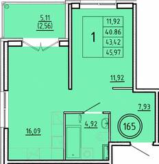 МЖК «Образцовый квартал 16», планировка 1-комнатной квартиры, 40.86 м²