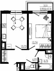 МЖК «Liberty dom», планировка 1-комнатной квартиры, 39.25 м²