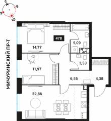 ЖК «Инноватор», планировка 3-комнатной квартиры, 68.95 м²