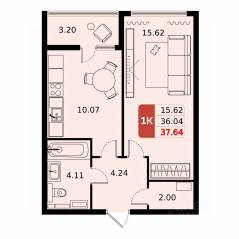 ЖК «ДОМодедово Парк», планировка 1-комнатной квартиры, 37.64 м²