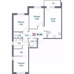 ЖК «Фотограф», планировка 3-комнатной квартиры, 84.46 м²