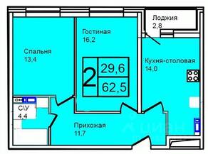 ЖК «Троицкий», планировка 2-комнатной квартиры, 62.50 м²