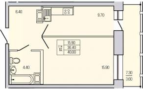 ЖК «Экос», планировка 1-комнатной квартиры, 40.00 м²
