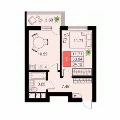 ЖК «Химки Тайм», планировка 1-комнатной квартиры, 34.12 м²