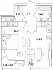 ЖК «Академик», планировка 1-комнатной квартиры, 40.10 м²