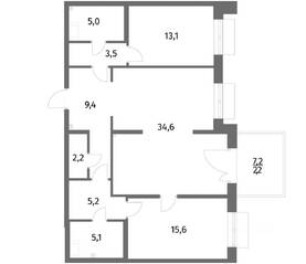 ЖК «Парусная 1», планировка 2-комнатной квартиры, 95.90 м²