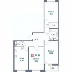 ЖК «Фотограф», планировка 3-комнатной квартиры, 85.92 м²
