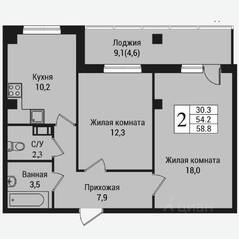 ЖК «Южная заря», планировка 2-комнатной квартиры, 63.70 м²
