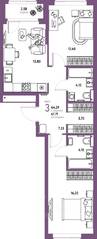 ЖК «Страна.Парковая», планировка 3-комнатной квартиры, 64.29 м²