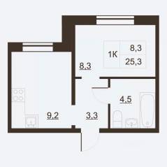 ЖК «Дом на набережной», планировка 1-комнатной квартиры, 25.80 м²