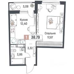 ЖК «Авиатор» (Девяткино), планировка 1-комнатной квартиры, 38.79 м²