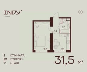 ЖК «Indy Towers», планировка 1-комнатной квартиры, 31.50 м²