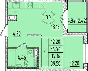 МЖК «Образцовый квартал 17», планировка 1-комнатной квартиры, 34.74 м²