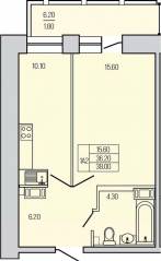 ЖК «Экос», планировка 1-комнатной квартиры, 38.00 м²
