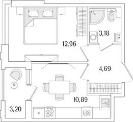 ЖК «Гранат», планировка 1-комнатной квартиры, 33.32 м²