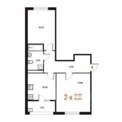 ЖК «Новое Летово», планировка 2-комнатной квартиры, 58.60 м²