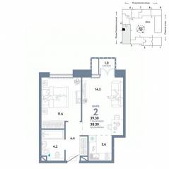 ЖК «Страна.Озерная», планировка 2-комнатной квартиры, 39.30 м²
