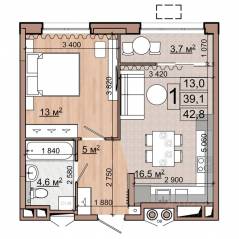 ЖК «Гранд Комфорт», планировка 1-комнатной квартиры, 42.80 м²