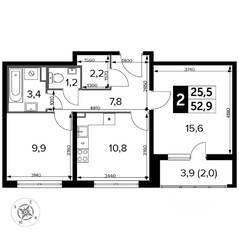 ЖК «Южная Битца», планировка 2-комнатной квартиры, 53.50 м²