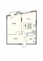МЖК «Эльйон», планировка 1-комнатной квартиры, 48.60 м²