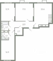 ЖК «Ново-Молоково», планировка 3-комнатной квартиры, 83.70 м²
