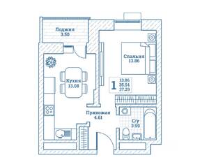 ЖК «Новоград Монино», планировка 1-комнатной квартиры, 37.60 м²
