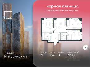 ЖК «Level Мичуринский», планировка 3-комнатной квартиры, 75.80 м²