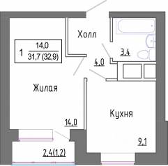 МЖК «Новое Замитино», планировка 1-комнатной квартиры, 32.40 м²