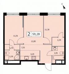 ЖК «Self», планировка 2-комнатной квартиры, 59.30 м²
