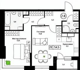 ЖК «Пушкино Град», планировка 2-комнатной квартиры, 54.50 м²