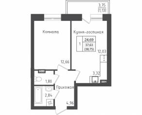 ЖК «Зеленый Оазис-Город», планировка 1-комнатной квартиры, 38.75 м²