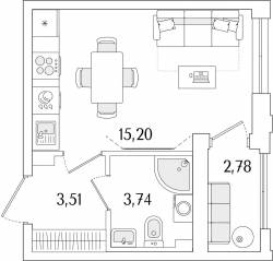 ЖК «Гранат», планировка студии, 23.84 м²