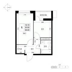 ЖК «Легенда Коренево», планировка 1-комнатной квартиры, 33.10 м²