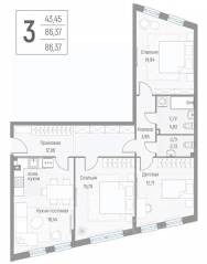 МЖК «Эльйон», планировка 3-комнатной квартиры, 86.30 м²