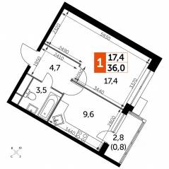 МФК «Датский квартал», планировка 1-комнатной квартиры, 36.00 м²