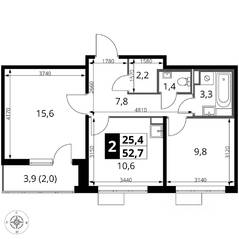 ЖК «1-й Саларьевский», планировка 2-комнатной квартиры, 52.70 м²