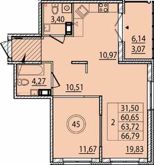 МЖК «Образцовый квартал 15», планировка 2-комнатной квартиры, 60.65 м²