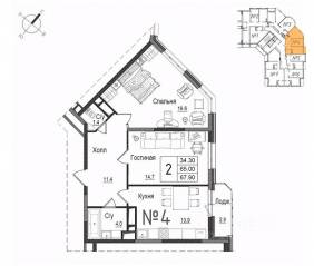 ЖК «Школьный» (Наро-Фоминск), планировка 2-комнатной квартиры, 68.70 м²